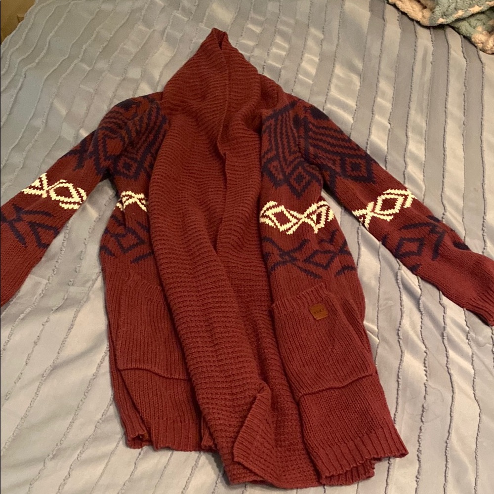 Roxy Red and Blue Cardigan Sweater with Geometric Patterns